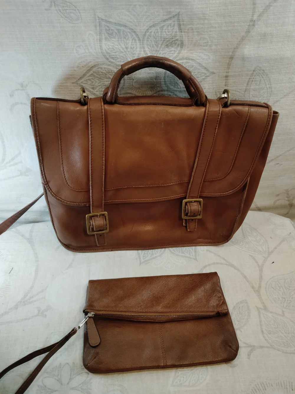 Genuine Leather Messenger/Crossbody Bag in Brown with Pouch/Wristlet Clutch